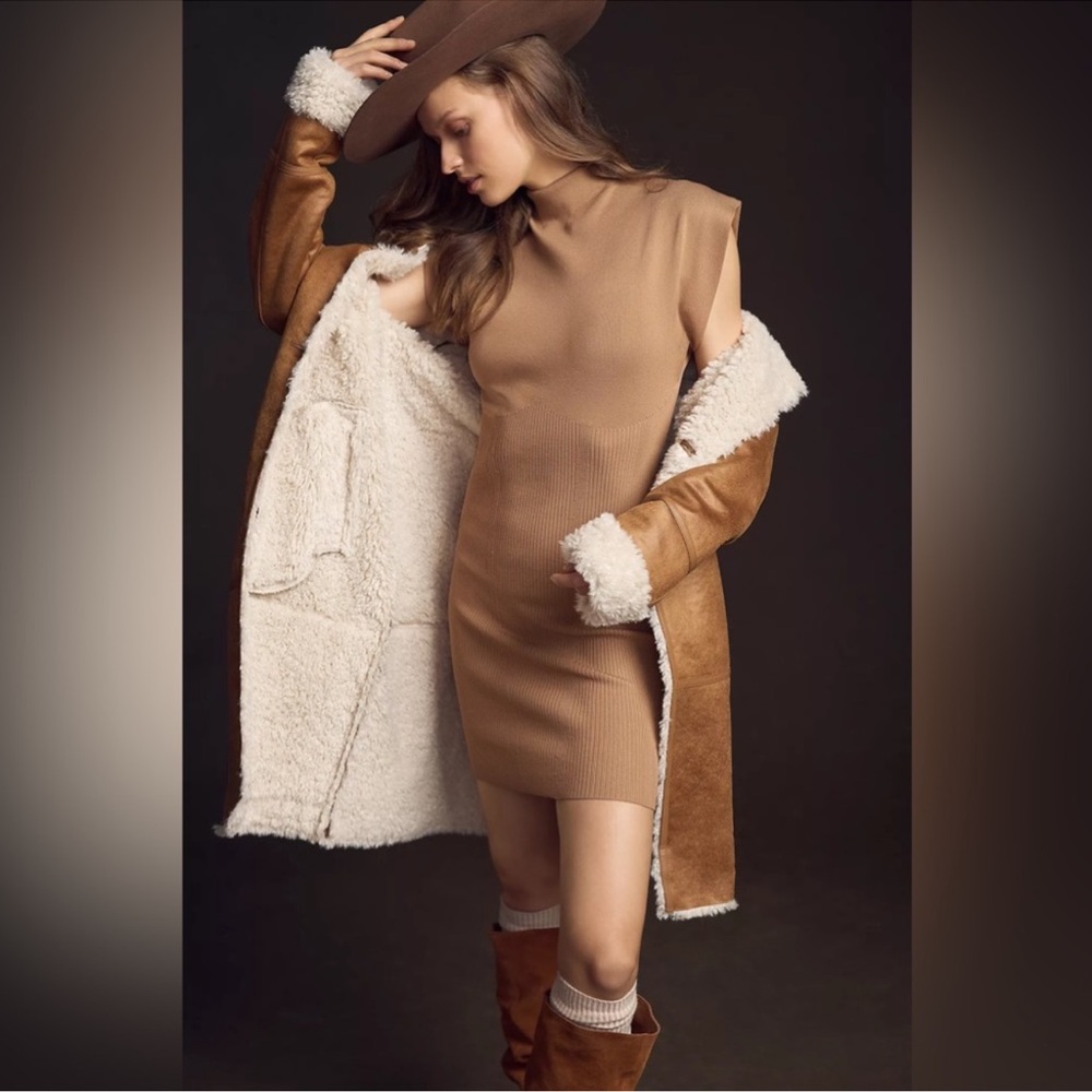 Anthropologie Camel Tan Form Fitting Mock Neck Short Dress Festival Med Petite